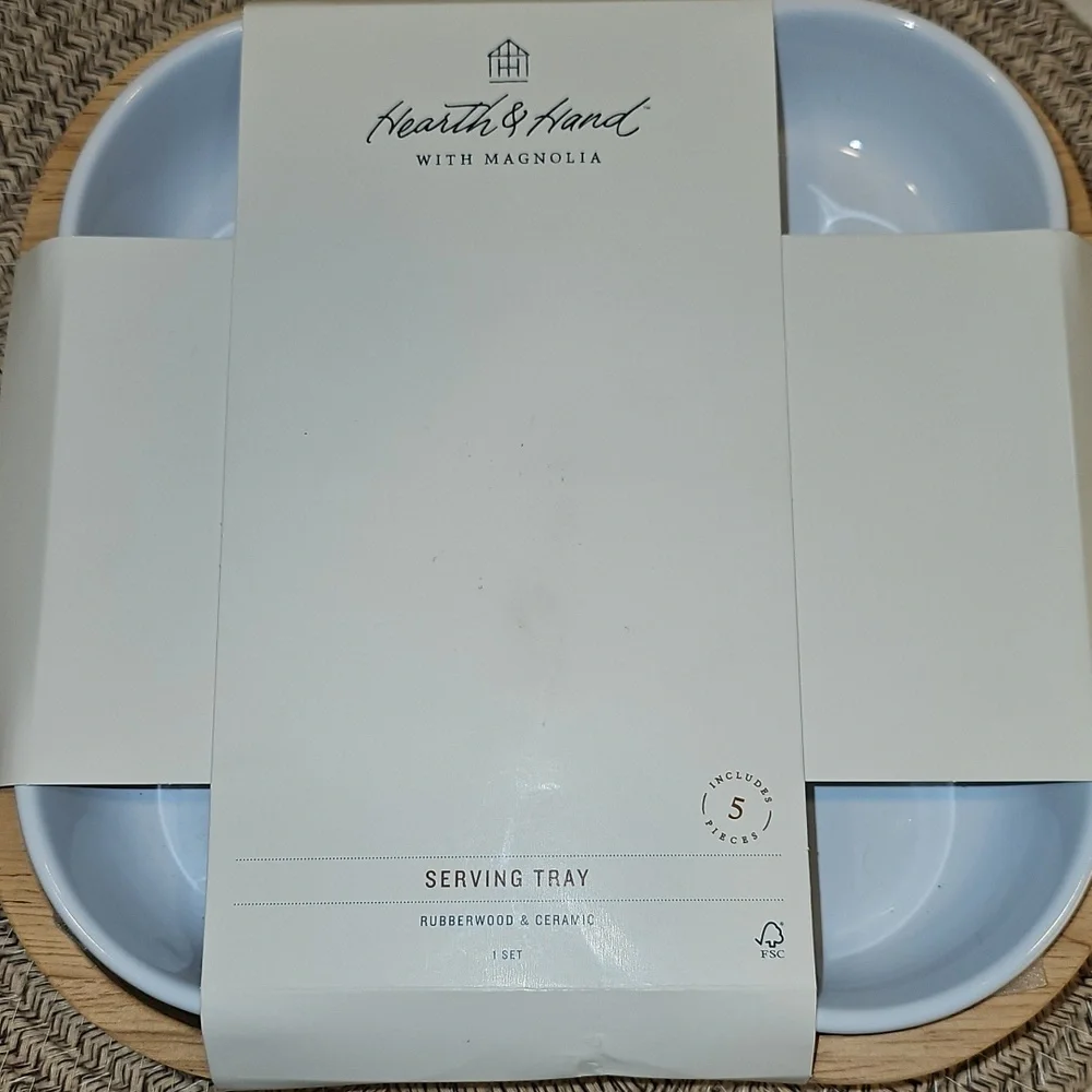 Hearth And Hand Rubberwood Serving Tray With 4 Ceramic Bowls